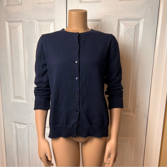 ANN TAYLOR Cotton Navy Blue Crewneck Button Up Lightweight Cardigan - Size L - Picture 3 of 12